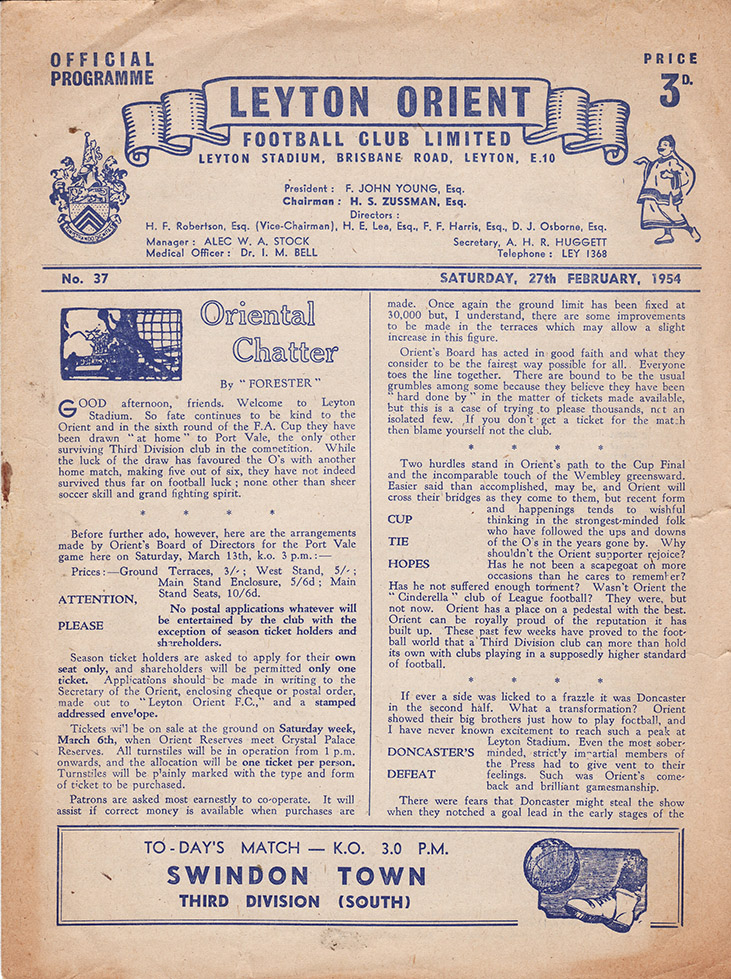 <b>Saturday, February 27, 1954</b><br />vs. Leyton Orient (Away)
